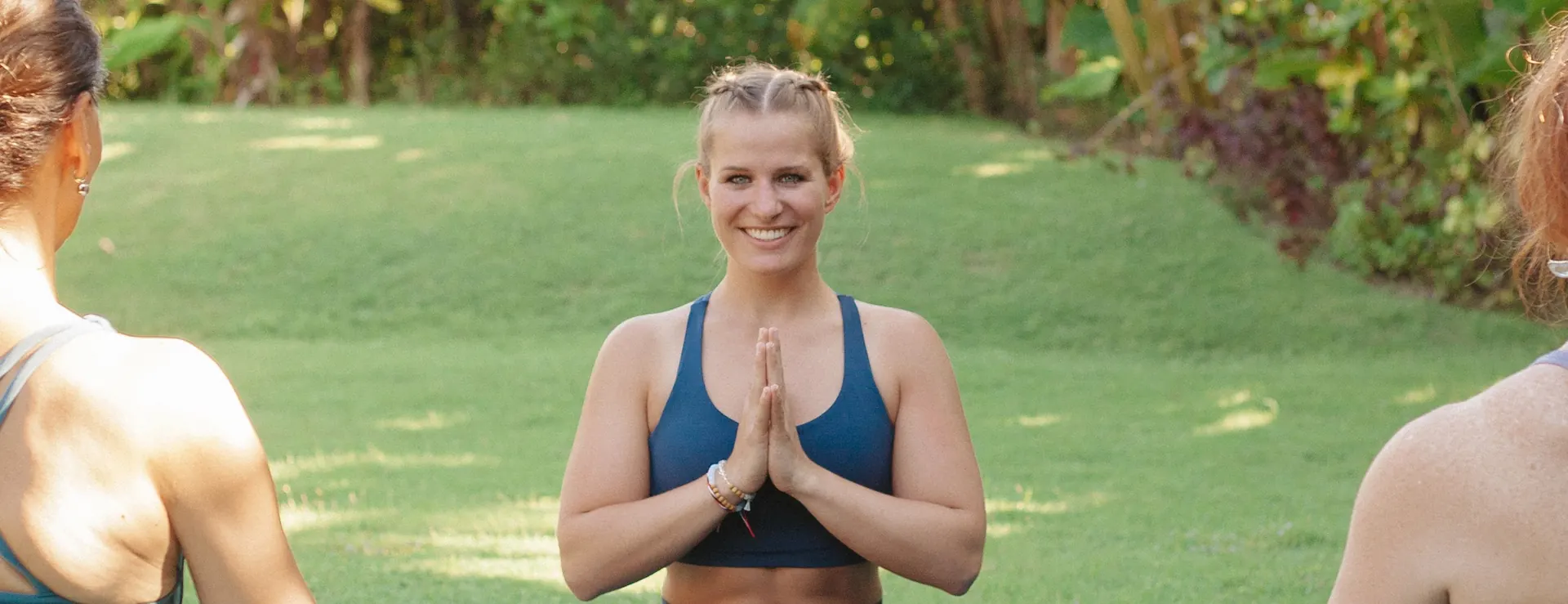 Yoga practice in the garden at Samasti