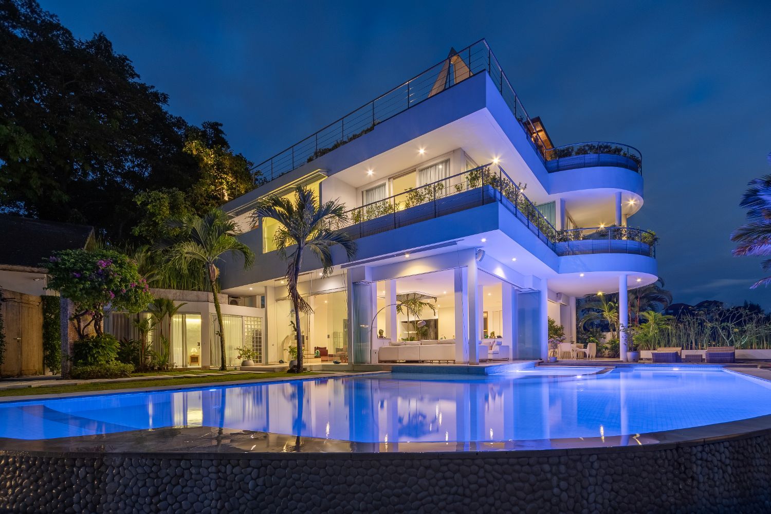 The main villa at twilight