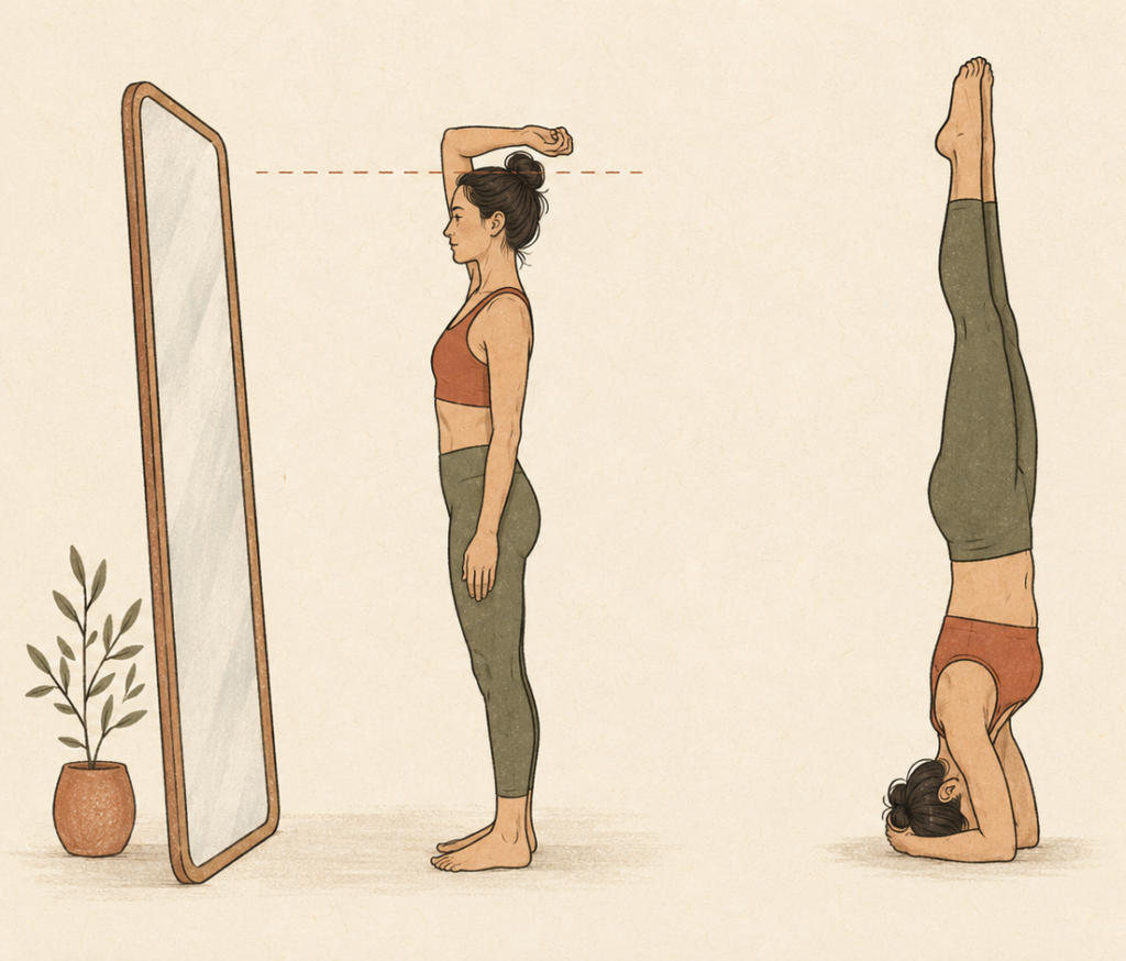 Standing proportion test comparing upper arm length to the top of the head, beside a headstand