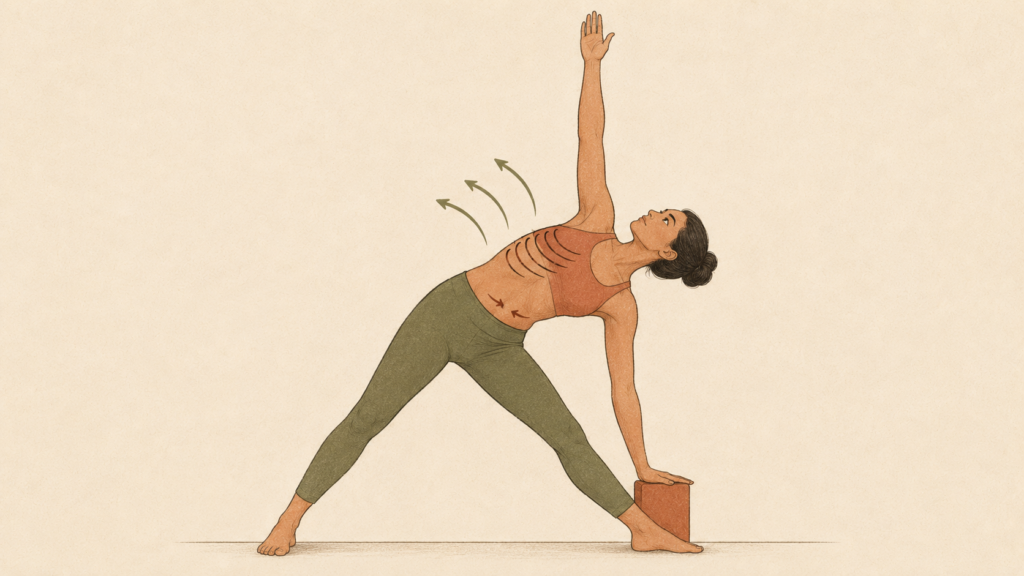 Triangle pose with the ribs widening upward and the lower belly drawing gently in during a lateral breath