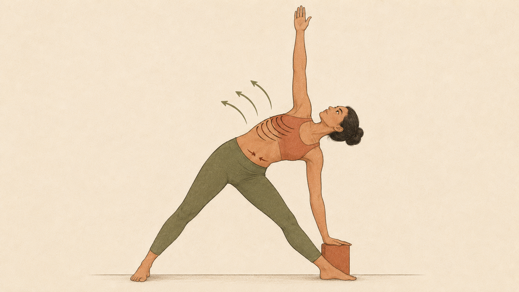 Triangle pose with the ribs widening upward and the lower belly drawing gently in during a lateral breath