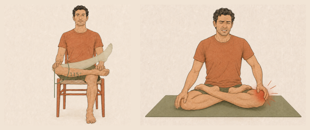Left, the seated hip rotation test on a chair showing 115 degrees. Right, forcing lotus with sharp pain flaring at the knee