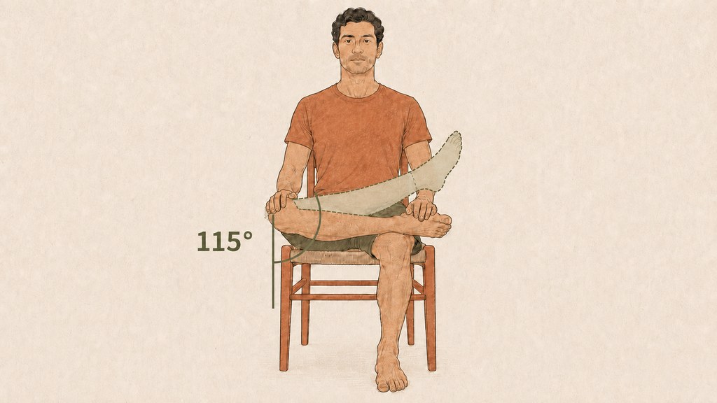 The seated hip rotation test on a chair, with the 115 degree target marked