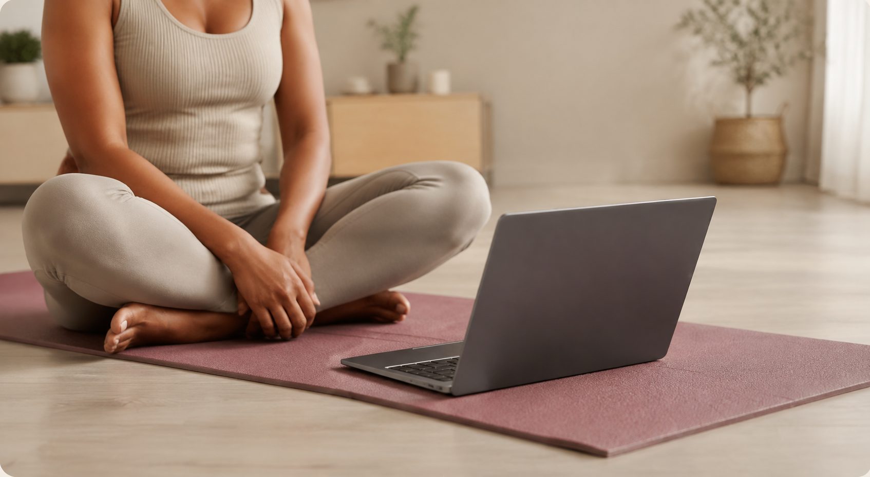 Someone seated cross legged on a mat at home, a laptop open in front of them