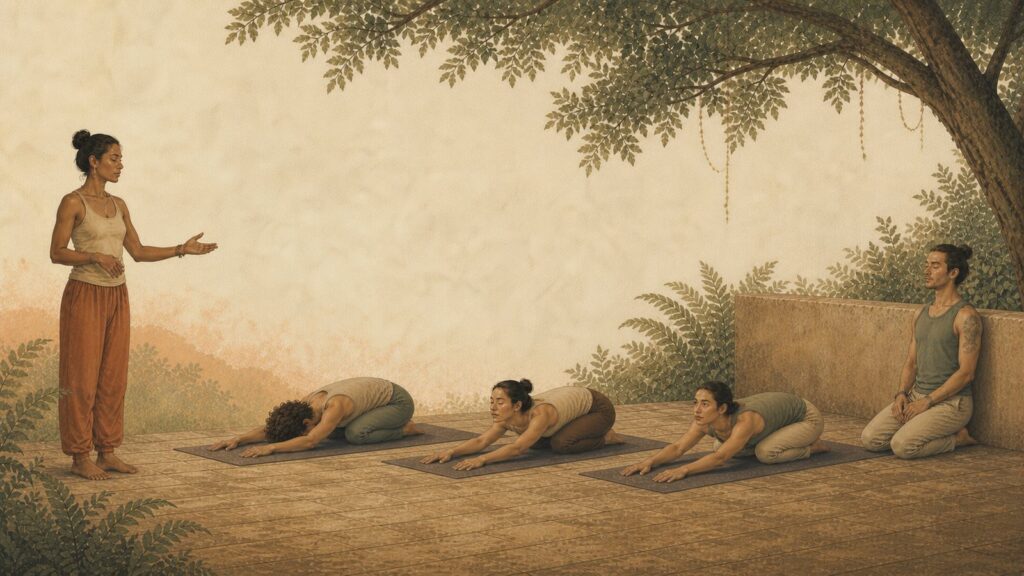 Four students in child’s pose, one with the forehead down, one with the head lifted and the eyes closed, one with the head lifted and the eyes open, and one kneeling upright with the back to a wall, while the teacher stands in front of the row at a distance and speaks