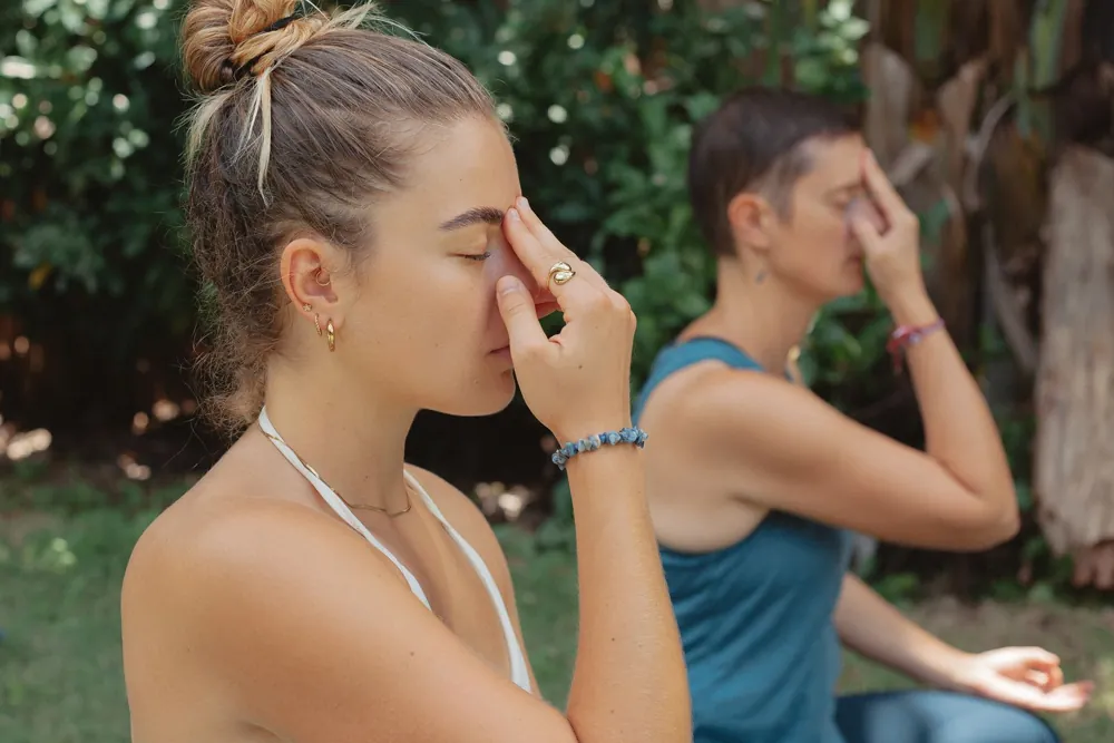 Two students practising nadi shodhana, alternate nostril breathing