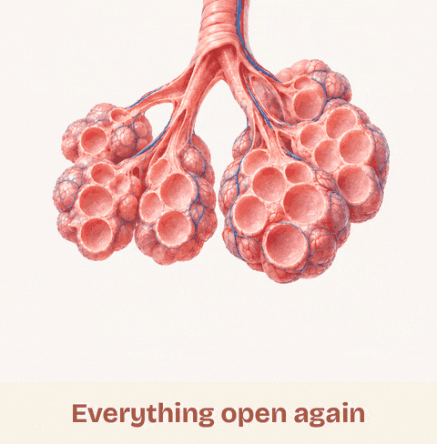 Animated cutaway of the tiny air sacs at the end of an airway. Over quiet breaths a few sacs at the edges fold flat, then a sigh swells every sac and the flat ones open again.