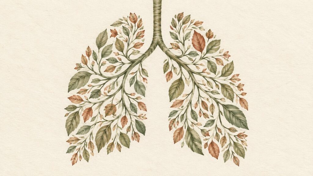 Branches and muted green and terracotta leaves form a pair of lungs on cream paper.
