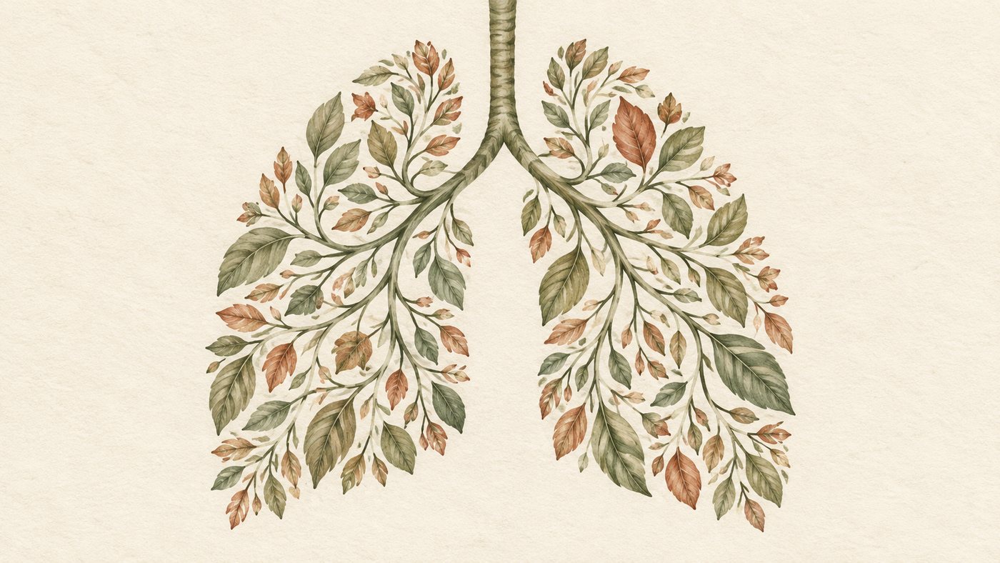 Branches and muted green and terracotta leaves form a pair of lungs on cream paper.
