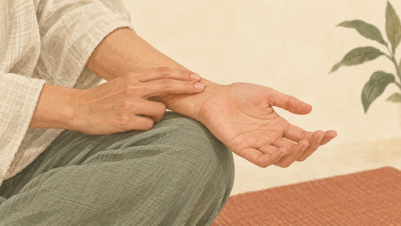 Two fingers resting on the thumb side of a palm up wrist to feel the pulse.