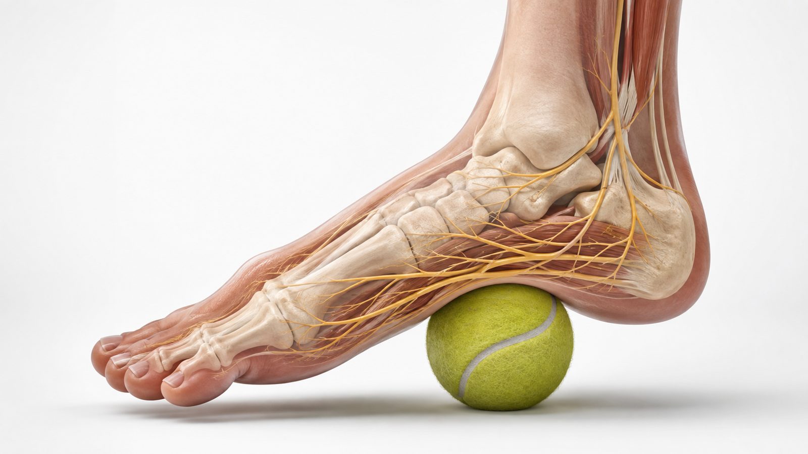A foot resting its arch on a tennis ball, with the nerves of the sole shown beneath the skin