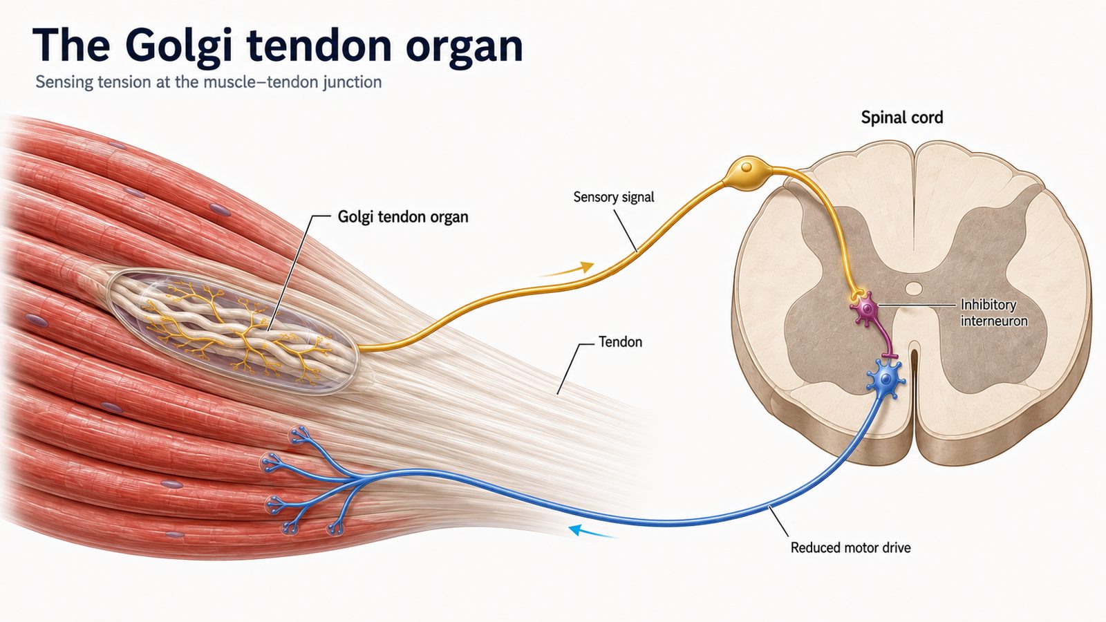 Diagram of the Golgi tendon organ at the muscle tendon junction reducing motor drive