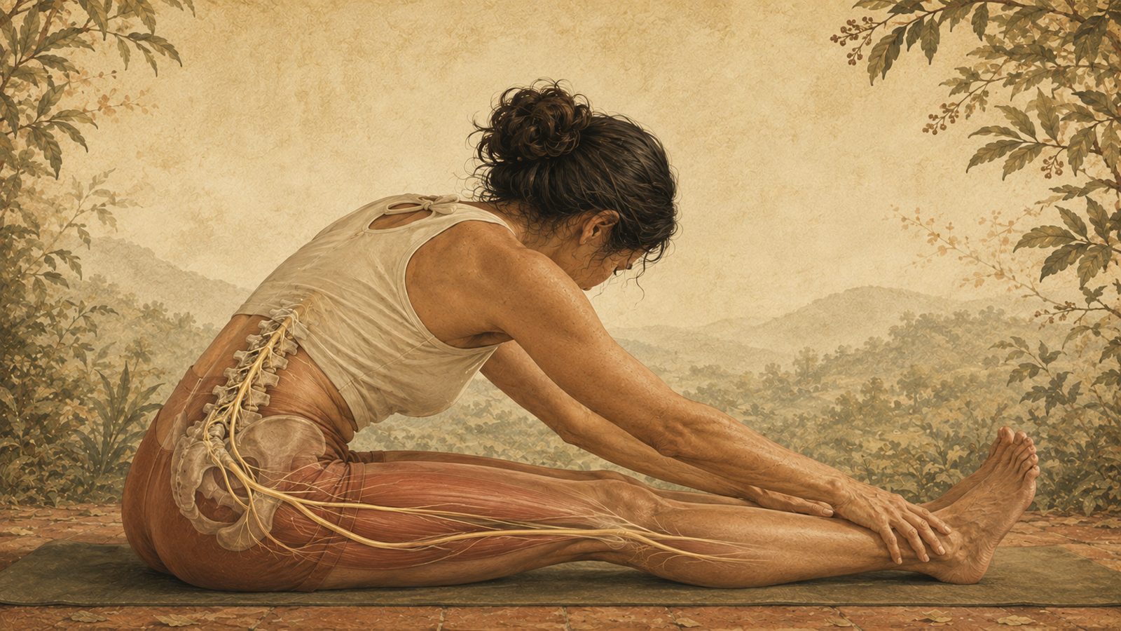 A woman in a seated forward fold with both legs extended, seen from behind with her head turned away, the lower spine, pelvis and sciatic nerve shown beneath the skin