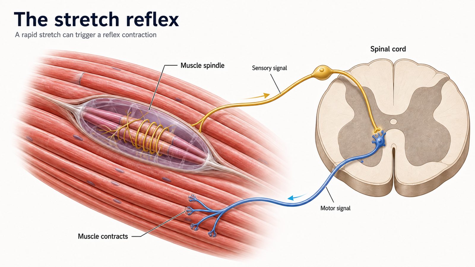 Diagram of a muscle spindle sending a signal to the spinal cord and the muscle contracting