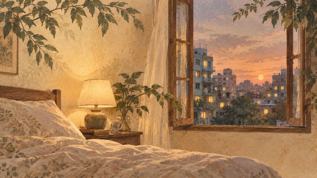 A quiet bedroom at dusk with a lamp on the bedside table and an open window looking out over city apartment blocks.