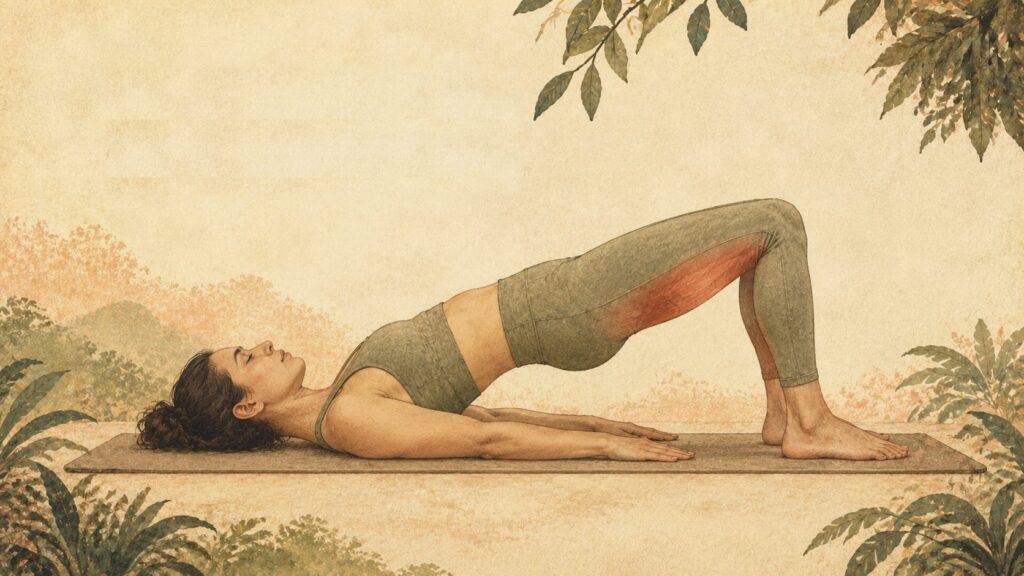A woman lying on her back on a mat with her knees bent and her hips lifted into a bridge, the back of the thigh shaded to show where the work is felt.