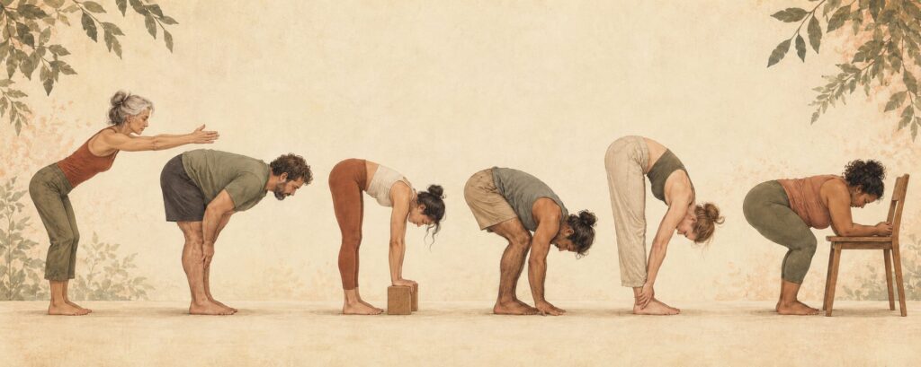 Six people in a row, each folding forward in a different way: a shallow hinge with hands on the thighs, bent knees with hands on the shins, straight legs with hands on blocks, fingertips to the floor, hands at the ankles, and forearms resting on a chair.
