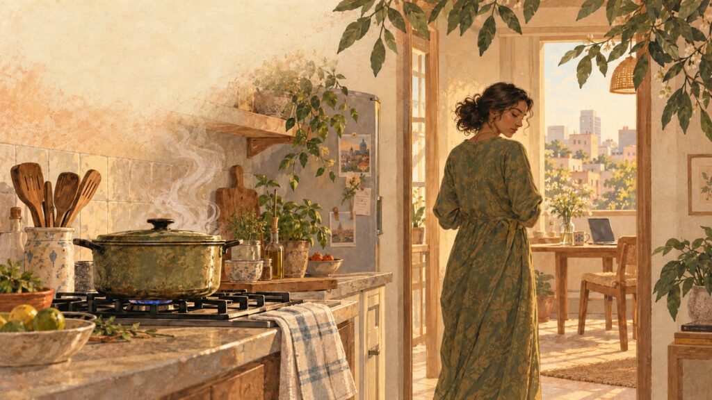 A pot steaming on the stove in a city kitchen while a woman stands in the doorway, about to leave the room before dinner is finished.