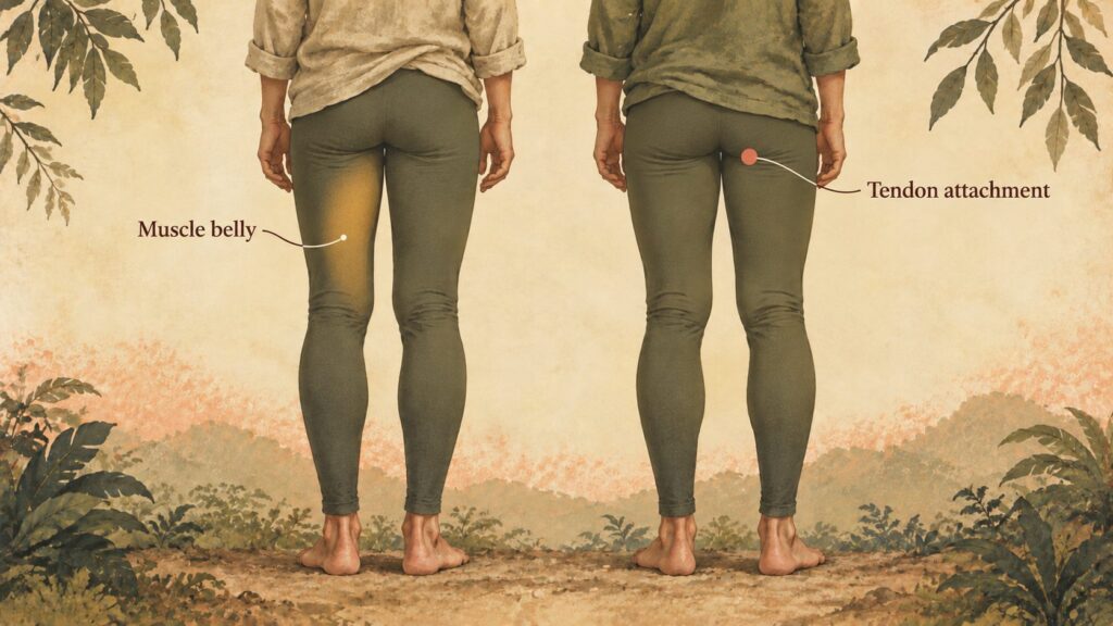 Back view of two standing figures. On the left the middle of the back of the thigh is shaded and labelled muscle belly. On the right a small point just below the buttock is marked and labelled tendon attachment.