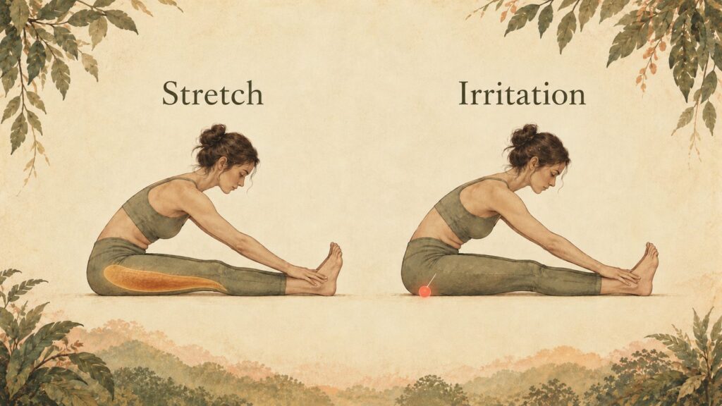 Two seated forward folds side by side. In the first the back of the thigh is shaded along the muscle and labelled stretch. In the second a small point at the sit bone is marked and labelled irritation.