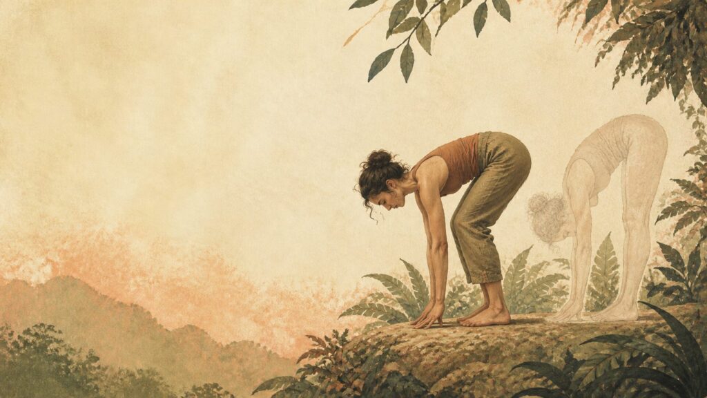 A woman in a standing forward fold on a hillside path, with a faint second outline of the same fold behind her, as if repeated.