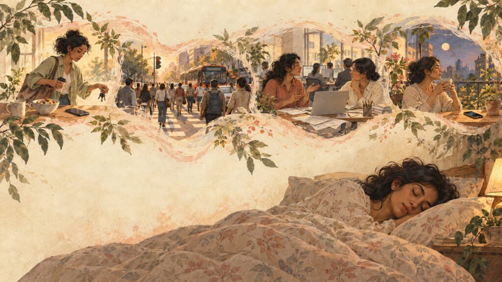 A woman asleep in bed while a ribbon of scenes from her day runs above her in reverse: evening tea, a busy office conversation, a crowded city crossing and a rushed breakfast.